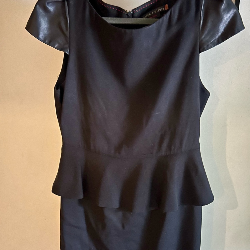 Peplum dress with leather cap sleeves by Alice & Olivia
